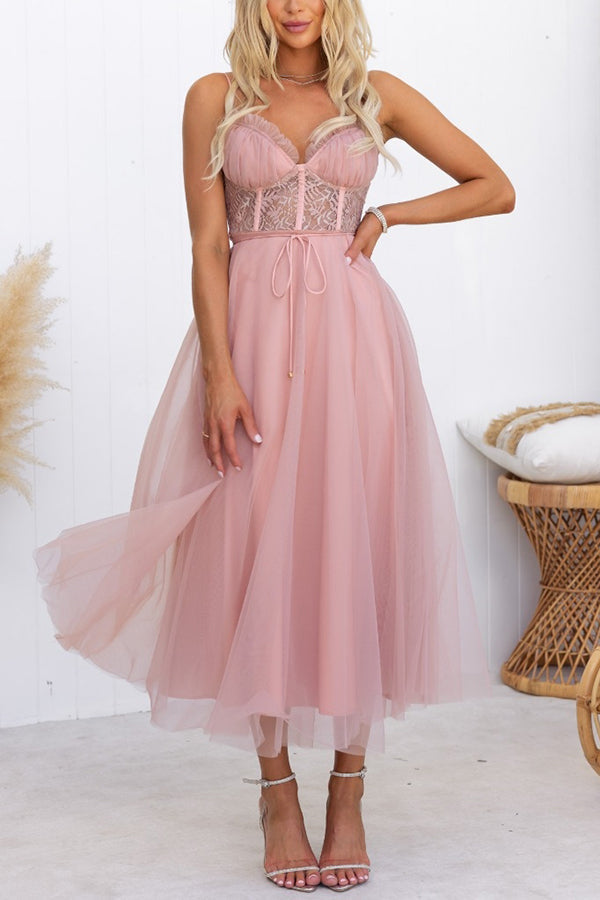 Carrie In Paris Tulle Lace Suspenders Party Maxi Dress