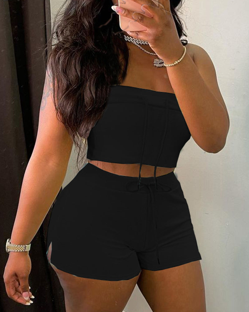 Solid Drawstring Split Hem Strapless Crop Top & Shorts Set