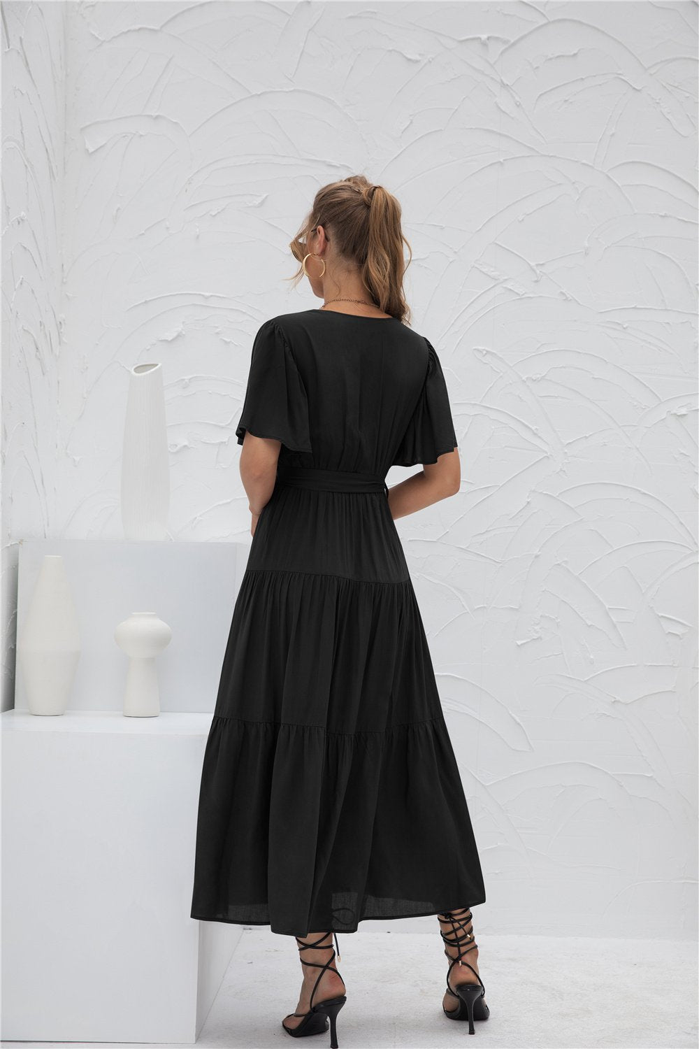 Short Sleeve V Neck Flowy Waist Wrap Maxi Dress