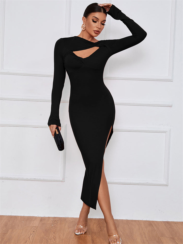 Explosive Women's Long Dress Round Neck Hollow Slim Package Hip Tight Dress Sexy Open Pure Color Step Dress Elegant Wind Dress