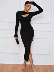 Explosive Women's Long Dress Round Neck Hollow Slim Package Hip Tight Dress Sexy Open Pure Color Step Dress Elegant Wind Dress