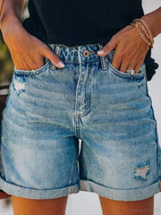 Solid Crimping Denim Shorts