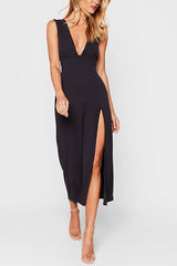 Plunging V Neck Slit Midi Dress