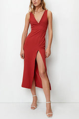 Plunging V Neck Slit Midi Dress