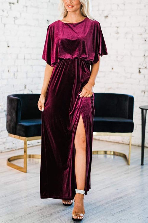 Velvet Wlastic Waist Slit Maxi Dress