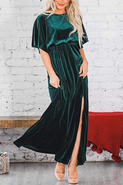 Velvet Wlastic Waist Slit Maxi Dress