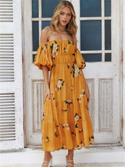 One-neck Strapless Bubble Sleeve Print Dress Short Sleeve Long Dress Brown Yellow Green S M L XL