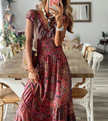 Vintage Print Short Sleeve Maxi Dress