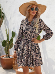 Women's New Summer Midriff Tied Floral Print V-neck Long-sleeved A-line Dress Personalized Street Hipster Style Dress