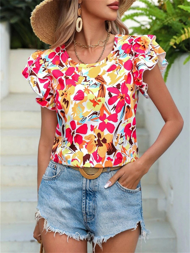 Women's Summer New Fashion Floral Print Double Fly Short-sleeved Shirt Top S M L XL 2XL