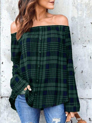Plaid Print Shoulder Tops