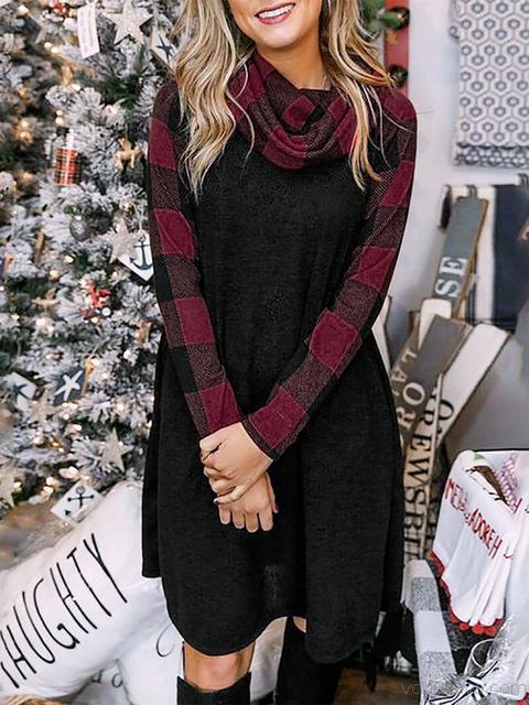 Round Neck Plaid Stitched Sweater Dress