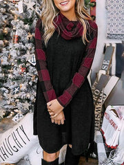 Round Neck Plaid Stitched Sweater Dress