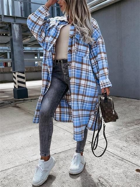 Pocketed Plaid Long Blouse