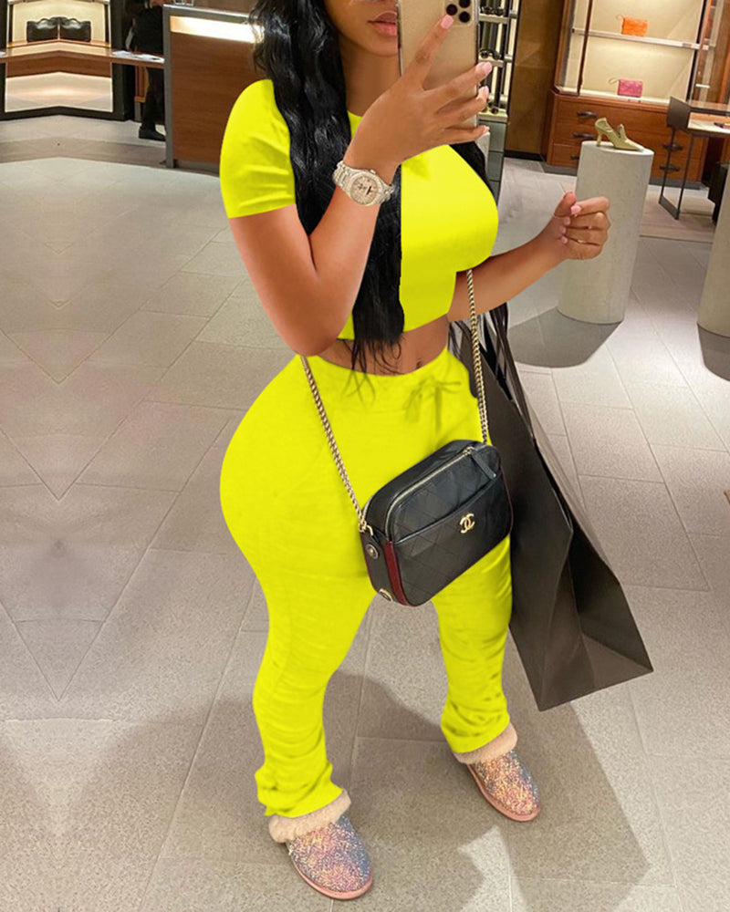 Solid Crop Top & Drawstring Ruched Pants Set