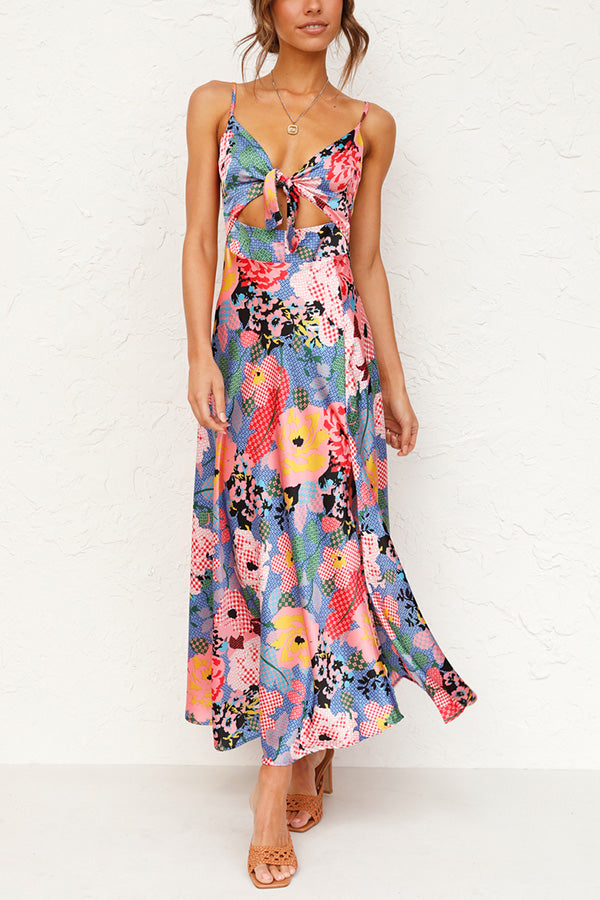 Cailey Satin Printed Cutout Slit Midi Dress