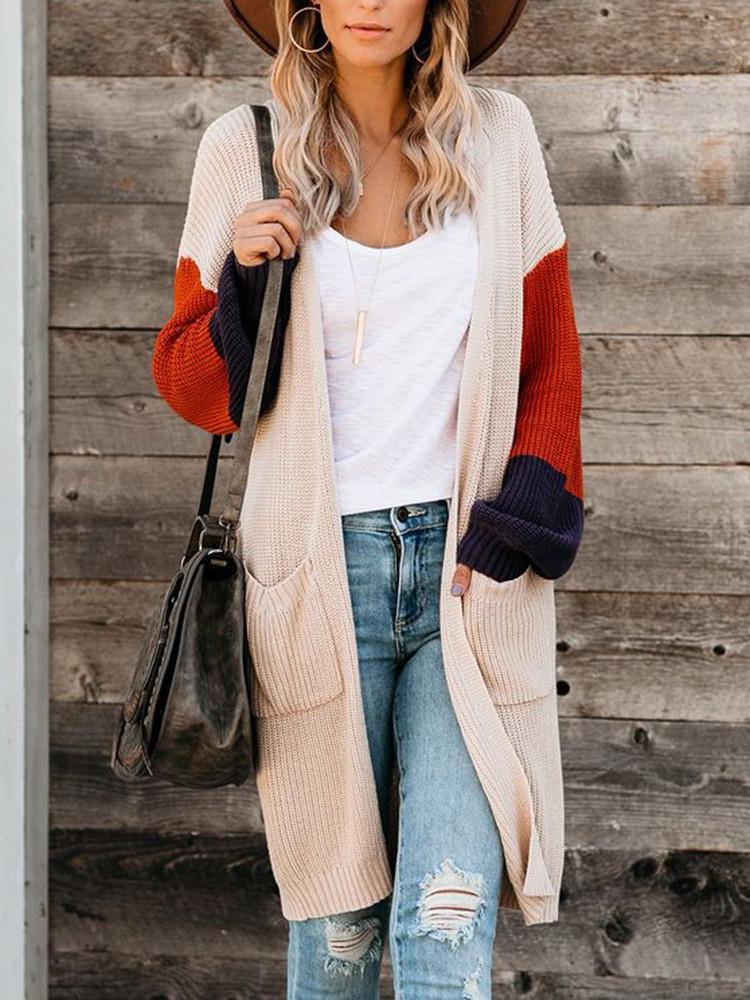 Pocket Matching Color Sleeve Long Cardigan