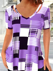 Women's Summer Hot Models Plaid Printing Short-sleeved Hollow V-neck T-shirt Female S,M,L,XL,XXL,3XL,4XL,5XL
