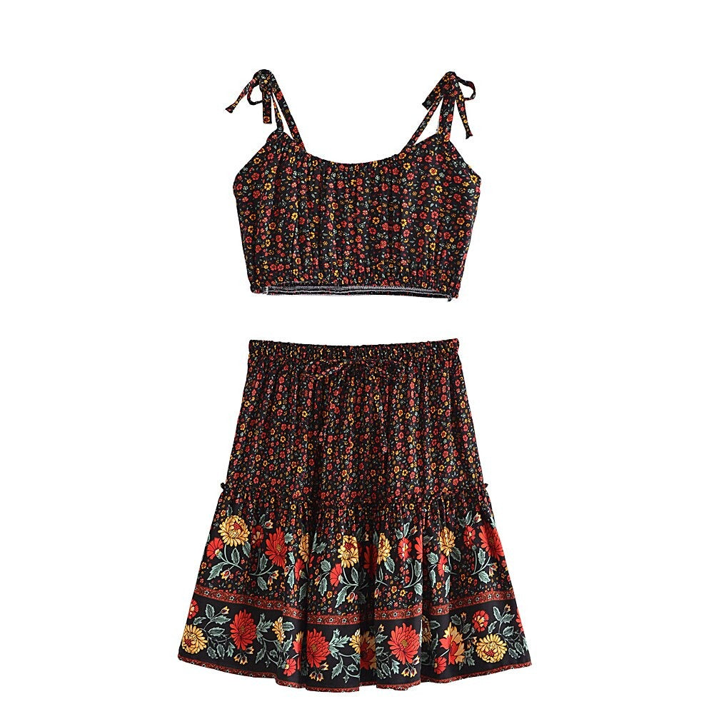 Boho Two Piece Set, Two Piece Skirt Set, Wild Floral in Green