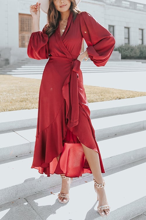 Ruffles Knot Wrap Maxi Dress