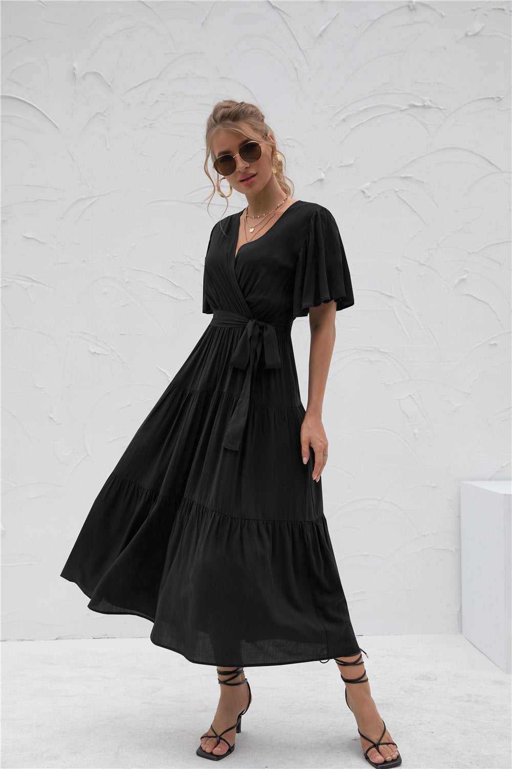 Short Sleeve V Neck Flowy Waist Wrap Maxi Dress