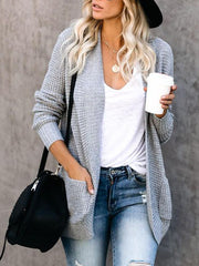 Curved Hem Pocket Solid Sweater Cardigan