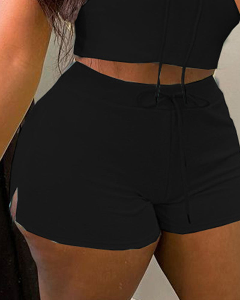 Solid Drawstring Split Hem Strapless Crop Top & Shorts Set
