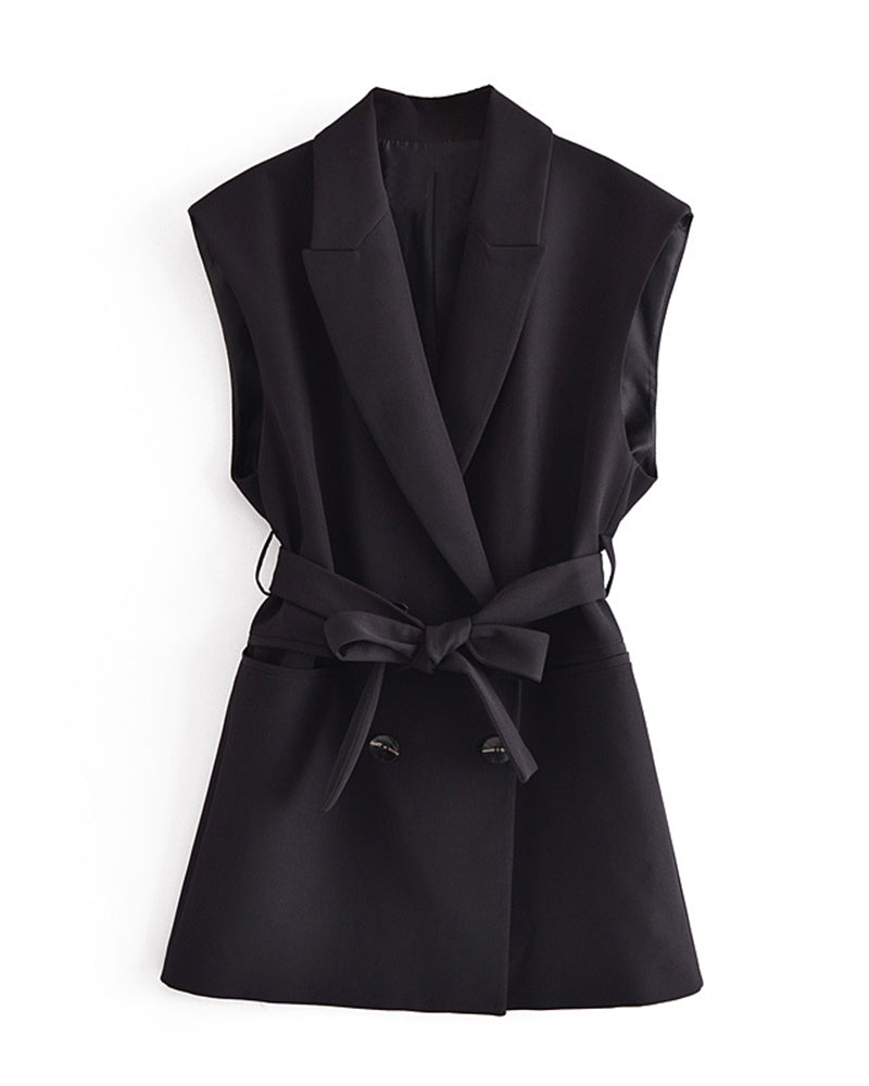 Double Breasted Belted Lapel Collar Vest Blazer