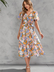 Women's Summer Print V-neck Waist-length Mid-length Tied Short-sleeved Big Swing Dress Personality Street Style Mid-length Dress