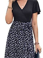 Women's V-neck High Waist Splicing Hem Irregular Open Short-sleeved Back Zipper Paragraph Printed Casual Wind Mid-length Dress Dress