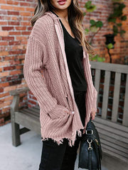 Zipper Ripped Drawstring Hooded Cardigan