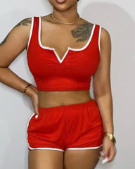 Solid Contrast Binding Notched Neck Crop Tank Top & Shorts Set