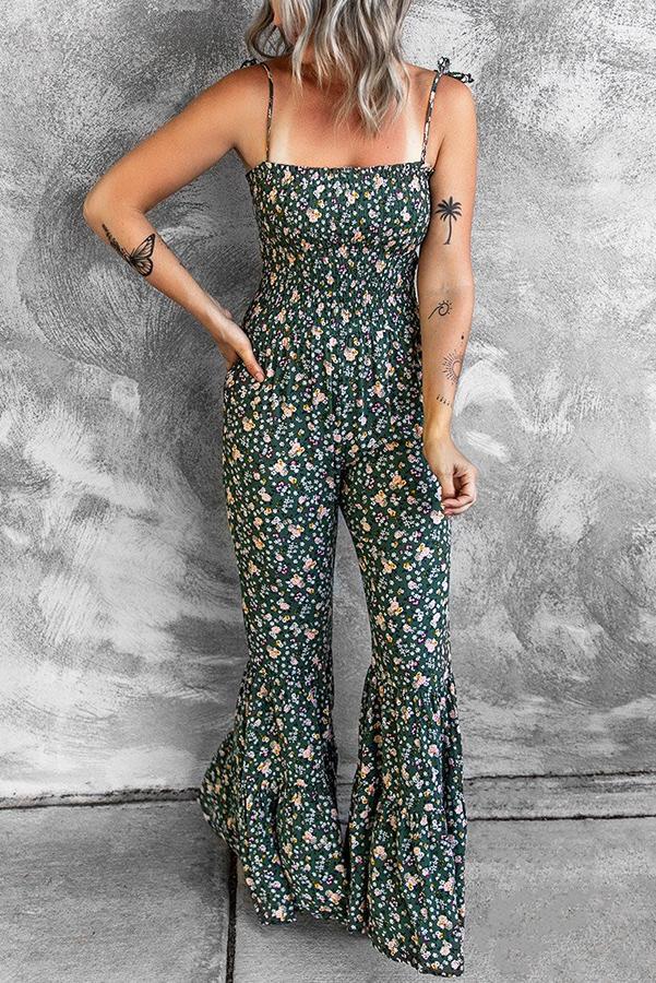 Polynesia Floral Smocked Flared Leg Jumpsuit