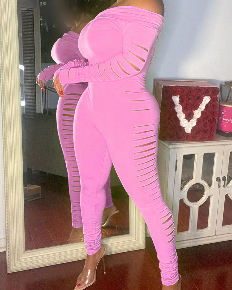 Solid Cut Out Zip Back Off Shoulder Jumpsuit