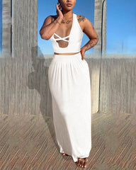 Solid Criss Cross Backless Halter Crop Top & Skirt Set