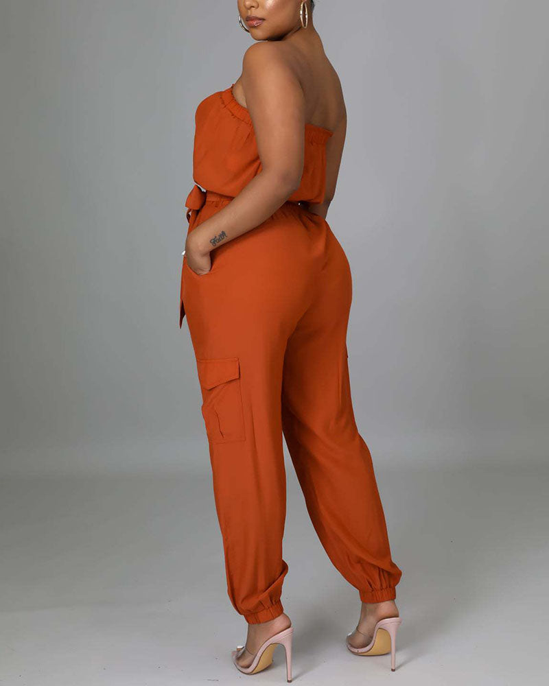 Solid Belted Flap Pocket Frill Trim Strapless Jumpsuit
