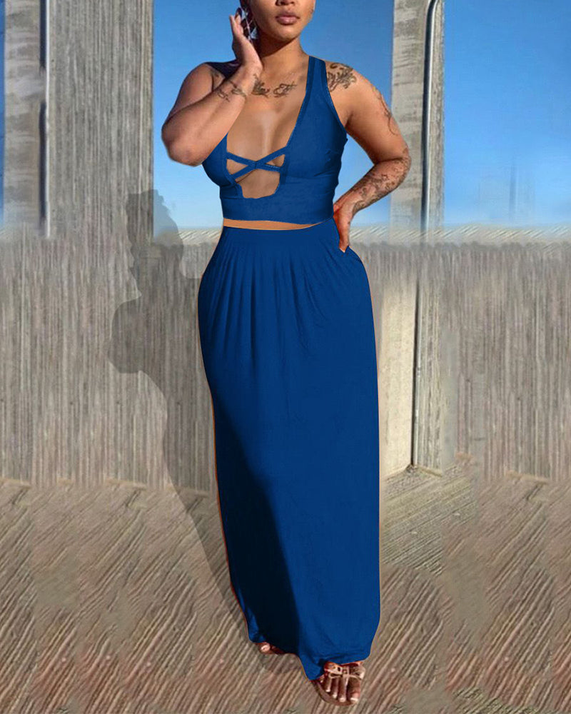 Solid Criss Cross Backless Halter Crop Top & Skirt Set