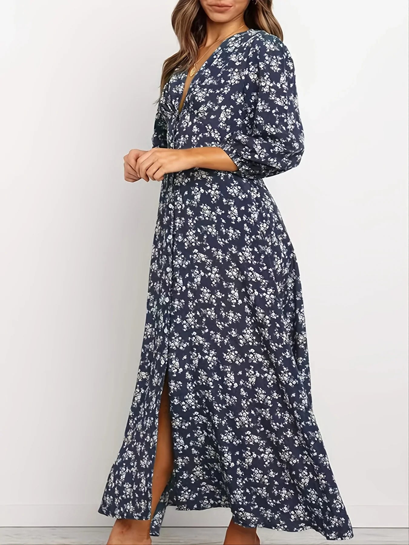 Vintage Ditsy Floral Lantern Long Sleeve Dress