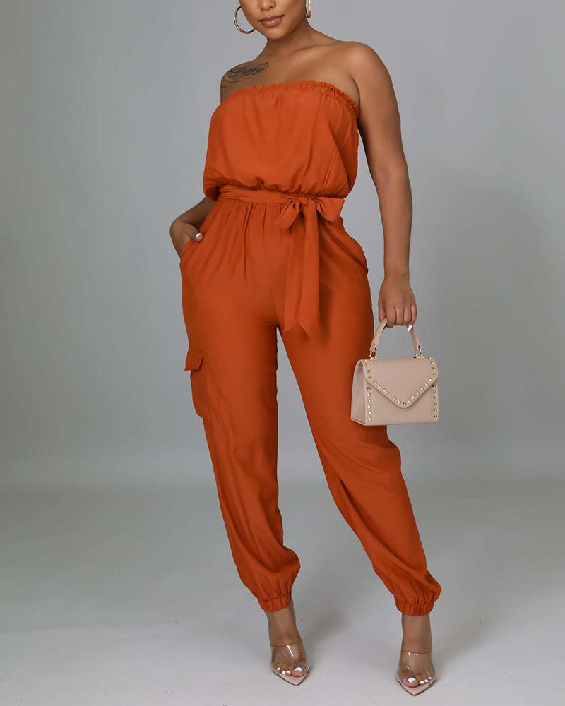 Solid Belted Flap Pocket Frill Trim Strapless Jumpsuit