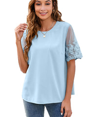 Women's Round Neck Lace Shirt Chiffon Shirt Women's Tops Solid Color Short Sleeve White Pink Green Black Blue S M L XL 2XL
