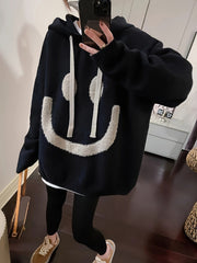 Casual Chic Oversized Smile Face Print Drawstring Sweater
