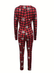 Casual Chic Plaid Snowflake Print Notched Neck Jumpsuit