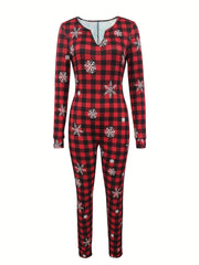 Casual Chic Plaid Snowflake Print Notched Neck Jumpsuit