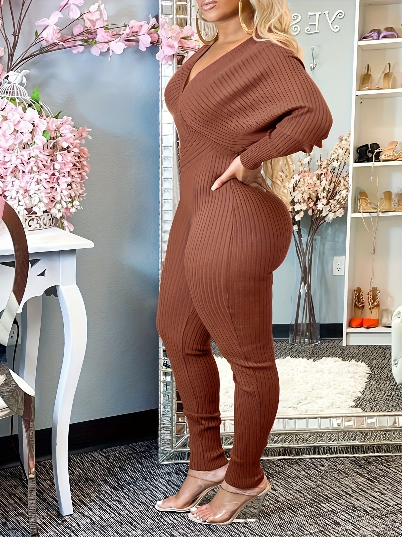 Casual Chic Ribbed Knit Surplice Neck Jumpsuit