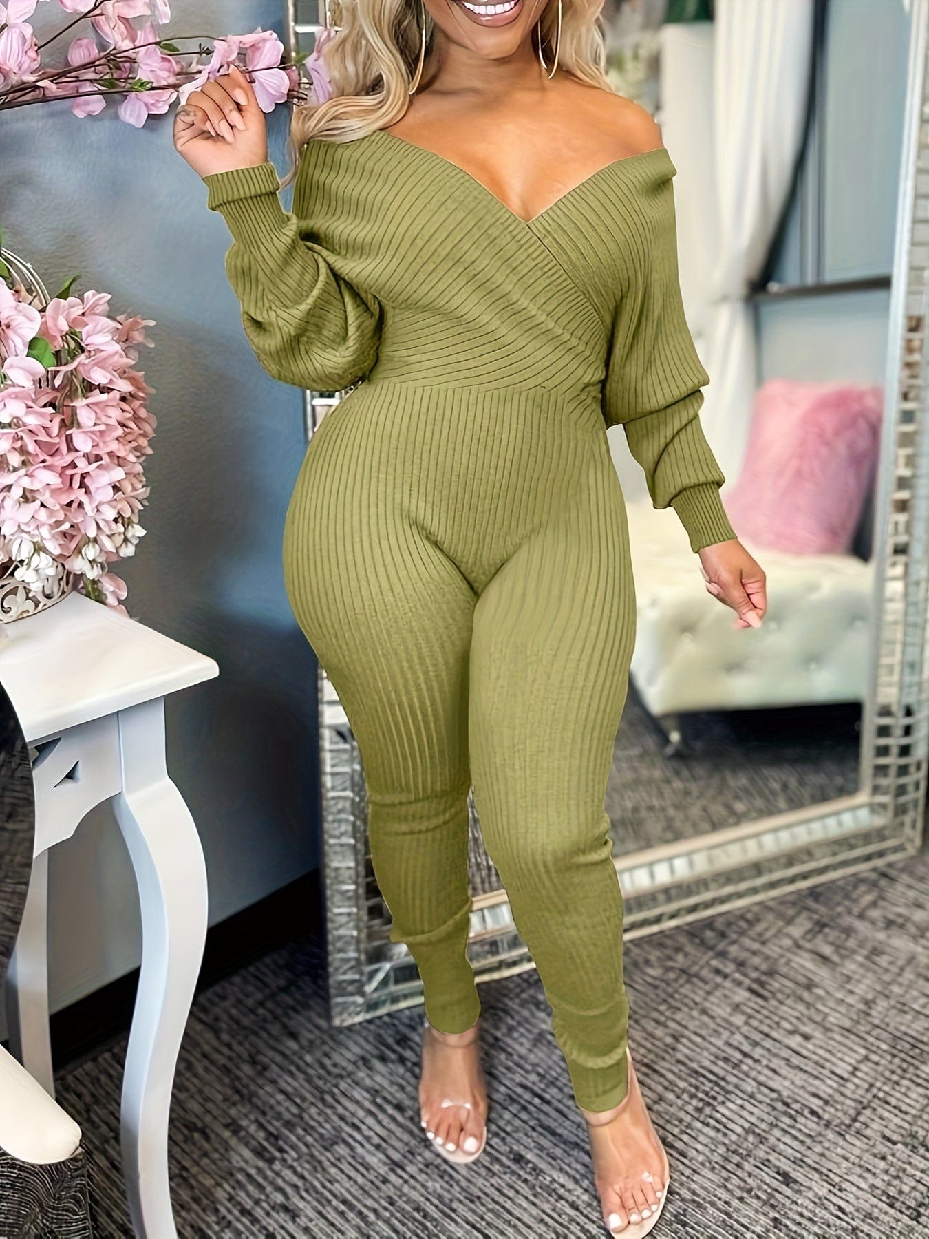 Casual Chic Ribbed Knit Surplice Neck Jumpsuit
