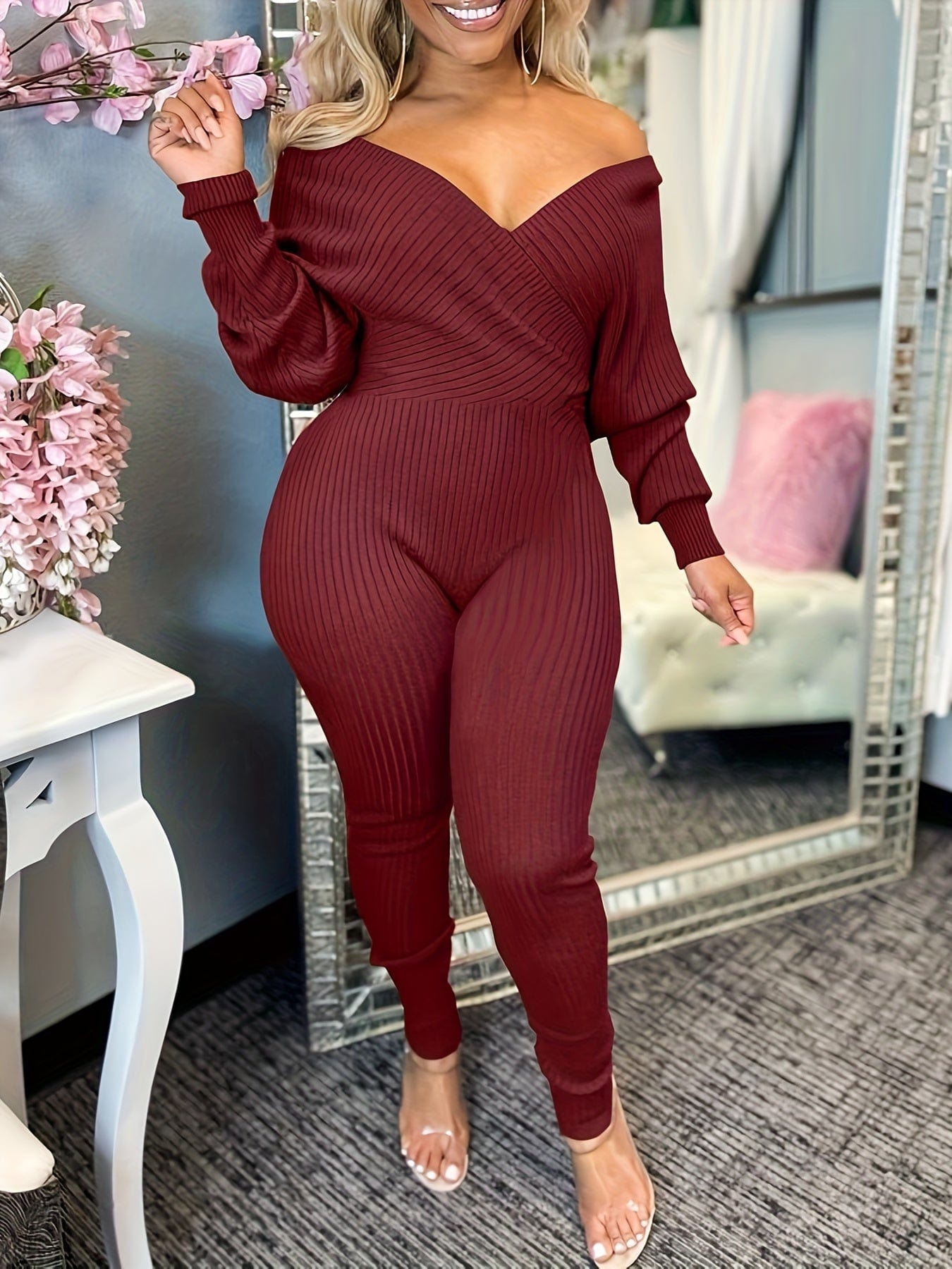 Casual Chic Ribbed Knit Surplice Neck Jumpsuit