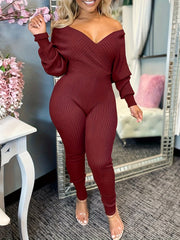 Casual Chic Ribbed Knit Surplice Neck Jumpsuit
