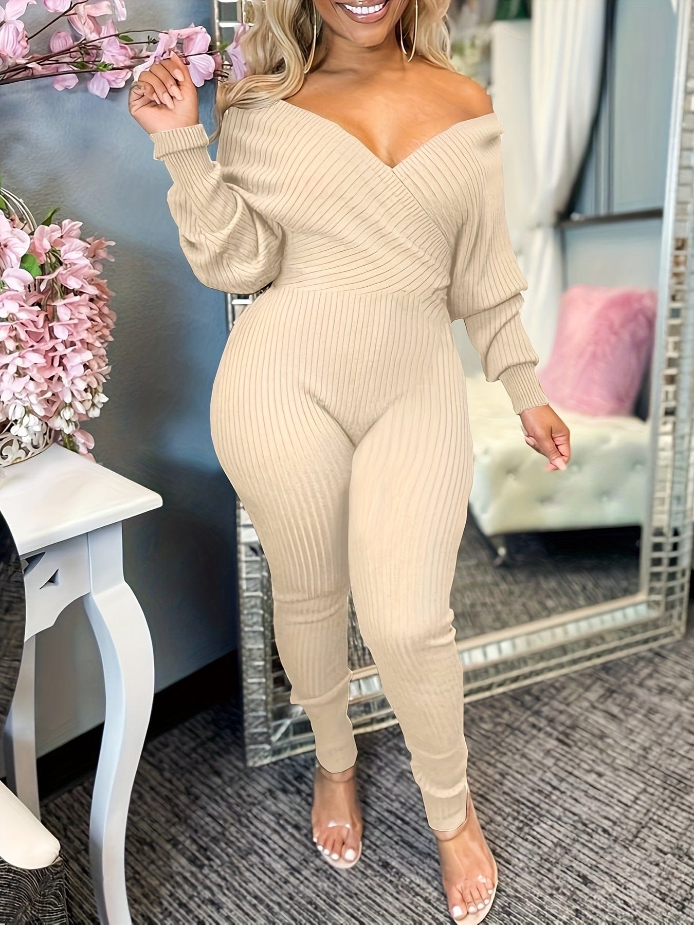 Casual Chic Ribbed Knit Surplice Neck Jumpsuit