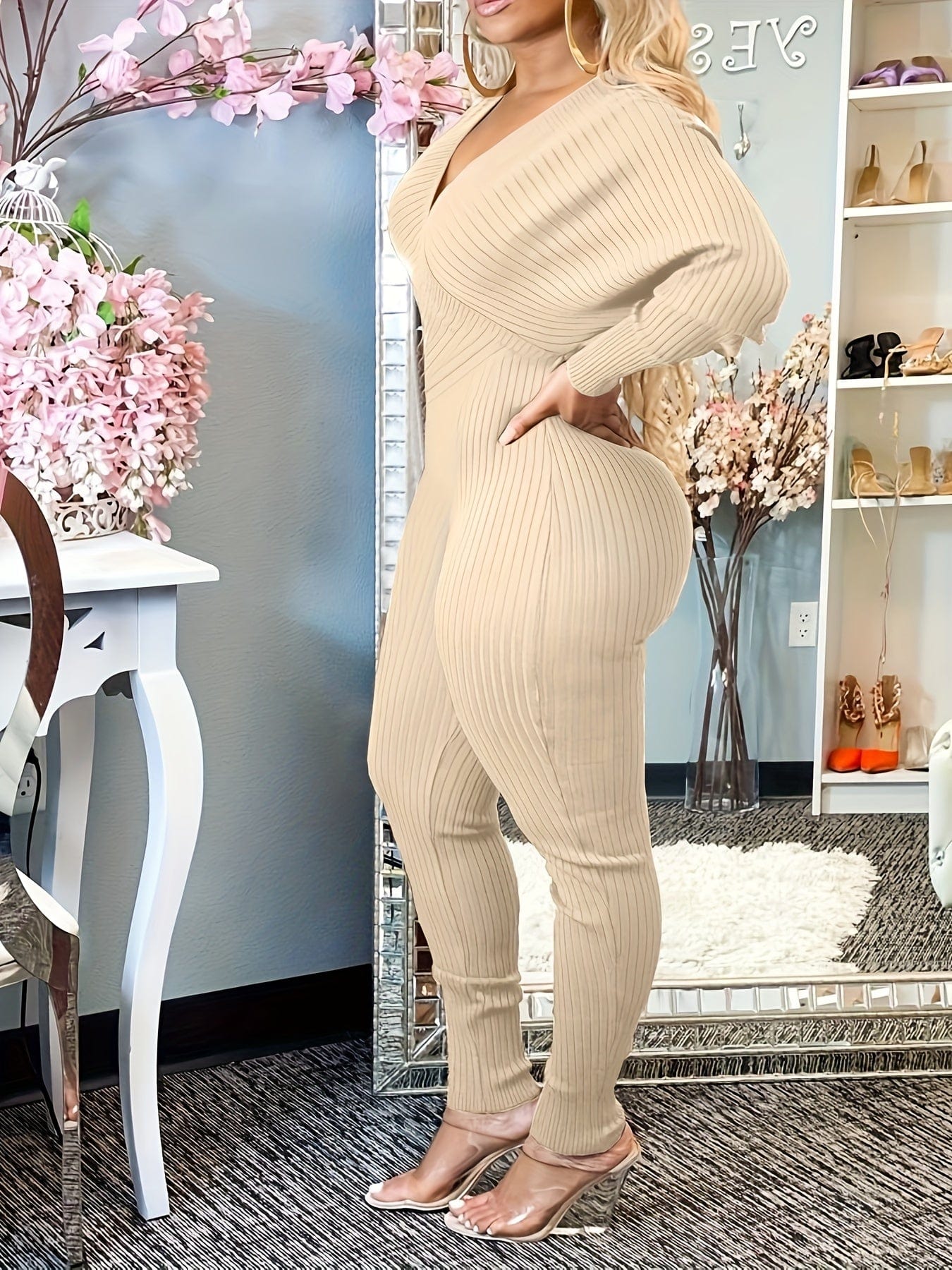 Casual Chic Ribbed Knit Surplice Neck Jumpsuit