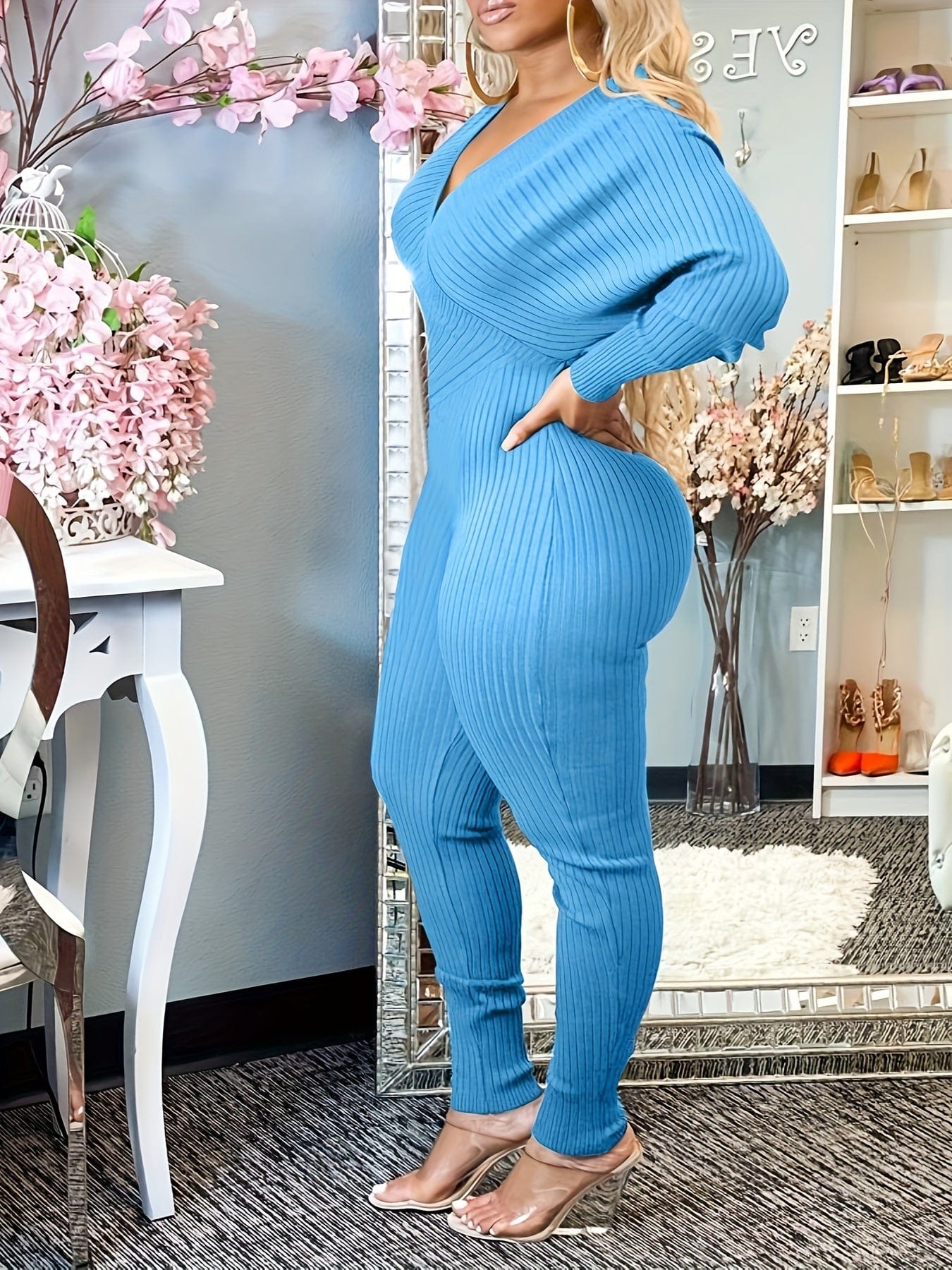 Casual Chic Ribbed Knit Surplice Neck Jumpsuit